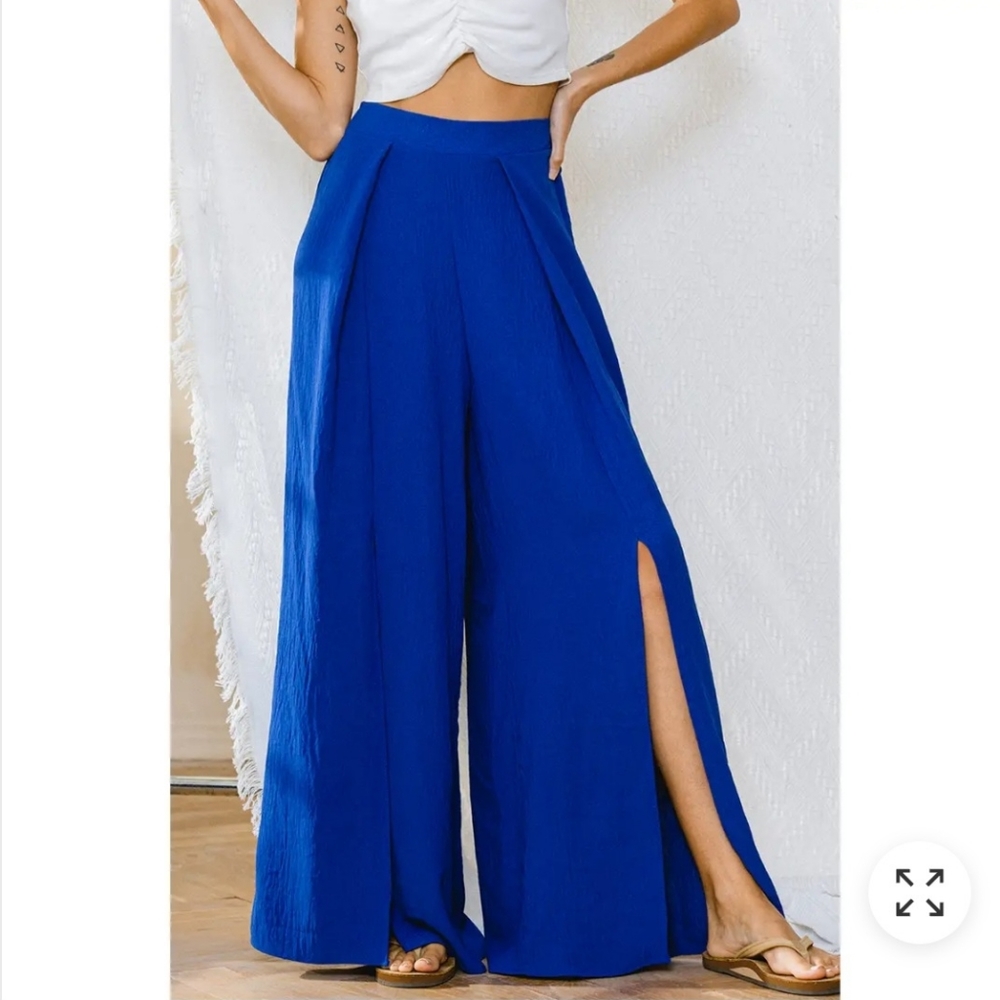 #380 🛑S, M Boho Wide Leg Solid Front Slit Pants - Picture 2 of 11